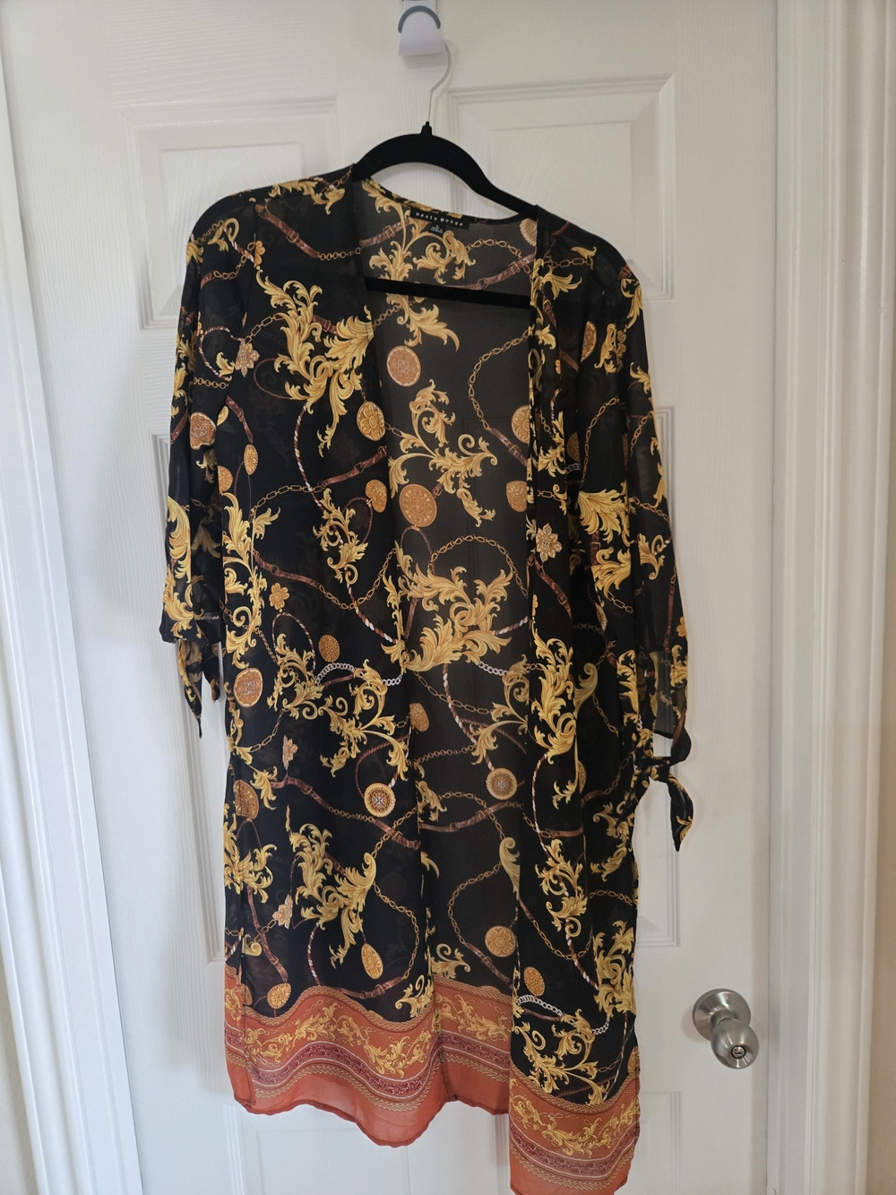 Black & Gold Baroque Print Kimono Blouse with Rust Border - Picture 2 of 7